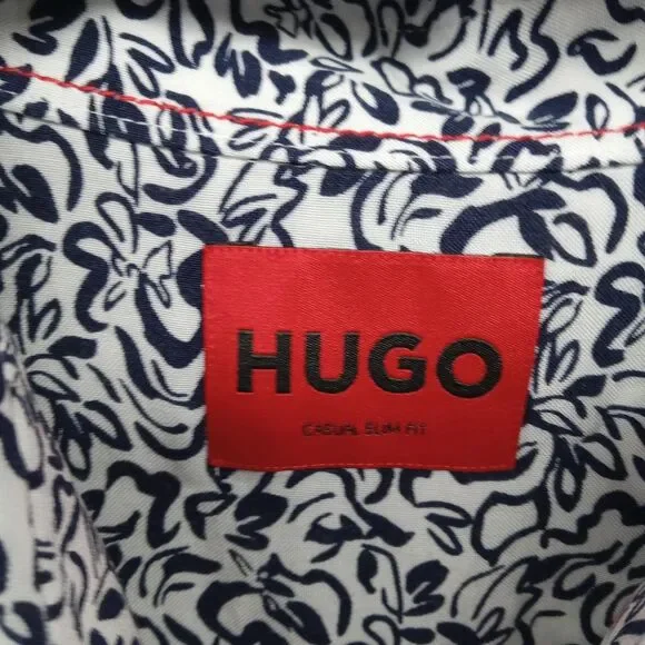 Hugo Boss Shirt Mens Small White Blue Floral Abstract Graphic Print‎ Viscose